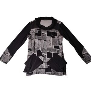 Michael Tyler Black Grey Geometric Print Cowl Neck Tunic Top SZ S (?)